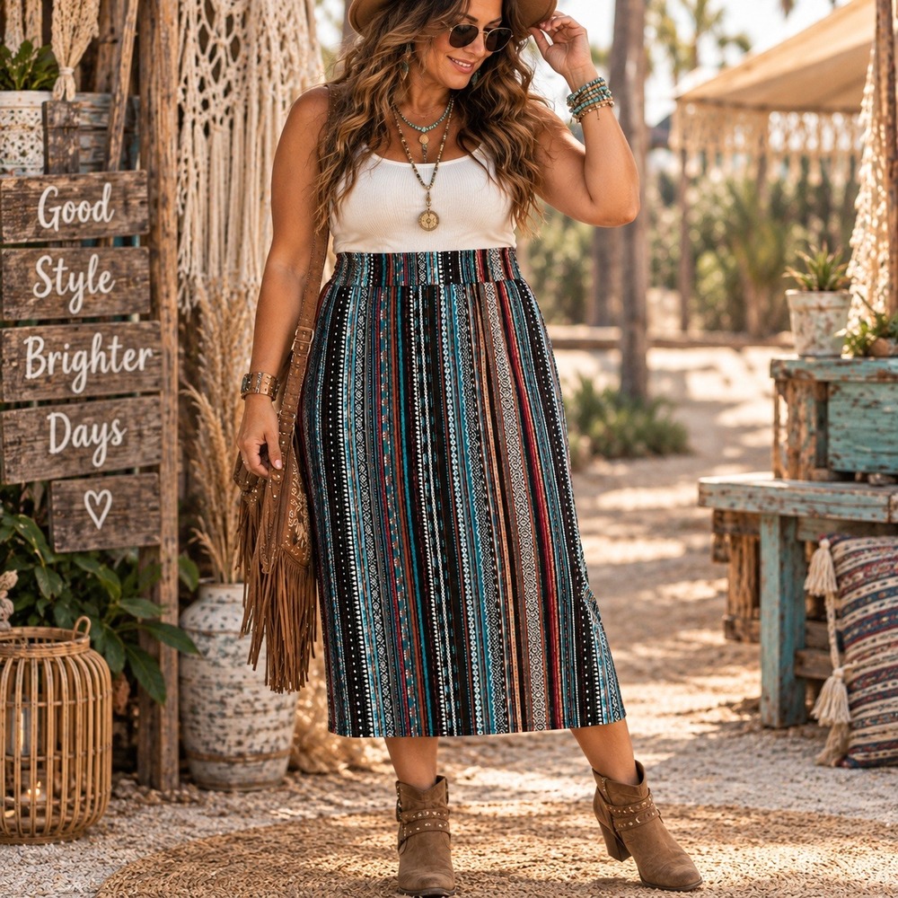 Urban Coco Women Large Boho Tribal Print Midi Skirt Blue Rust Stretchy Jersey